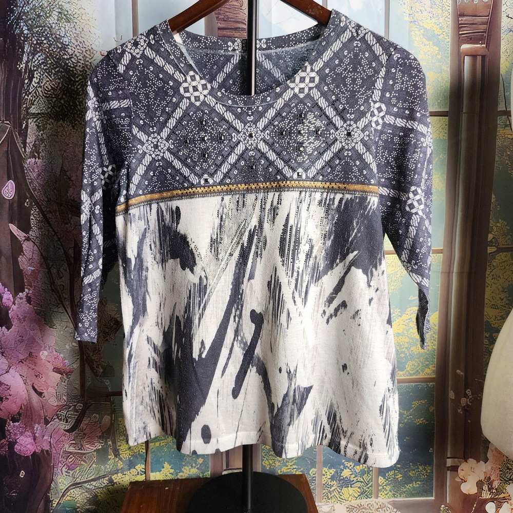 PM‎ Black and White Patterned Top, Half Sleeve Crew Neck Petite Medium